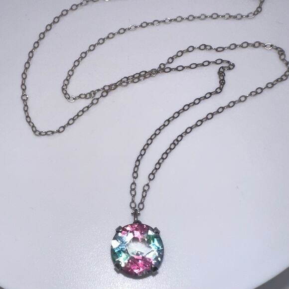 Antique Art Deco sterling silver iris glass solitaire pendant 15.75" necklace - Picture 4 of 9